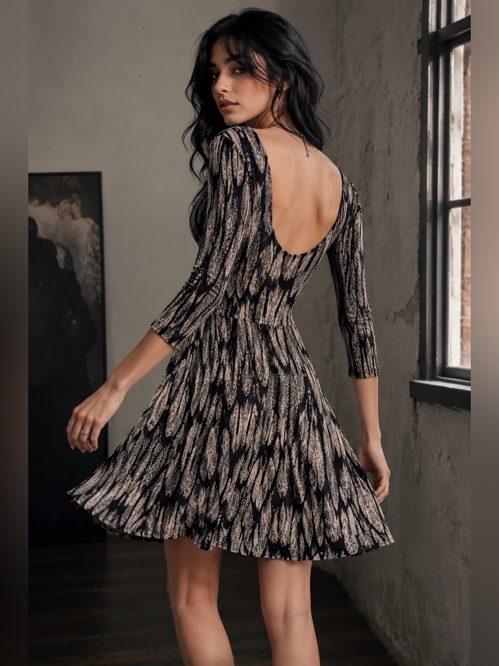 Express Abstract Feather Print Fit & Flare Scoop Back Jersey Dress 3/4 Sleeve XS